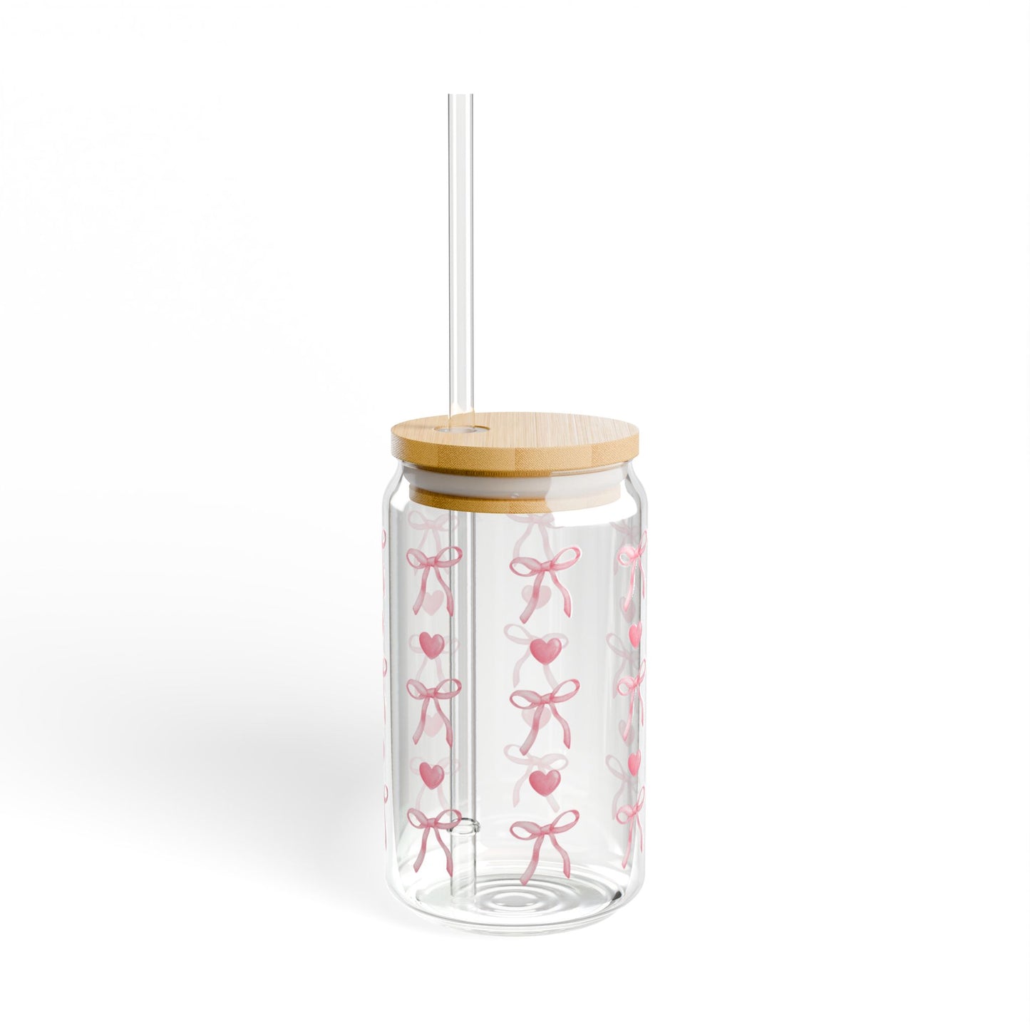 Pink Bow Glass Can Tumbler – Cute Coffee Cup with Hearts, Lid & Straw