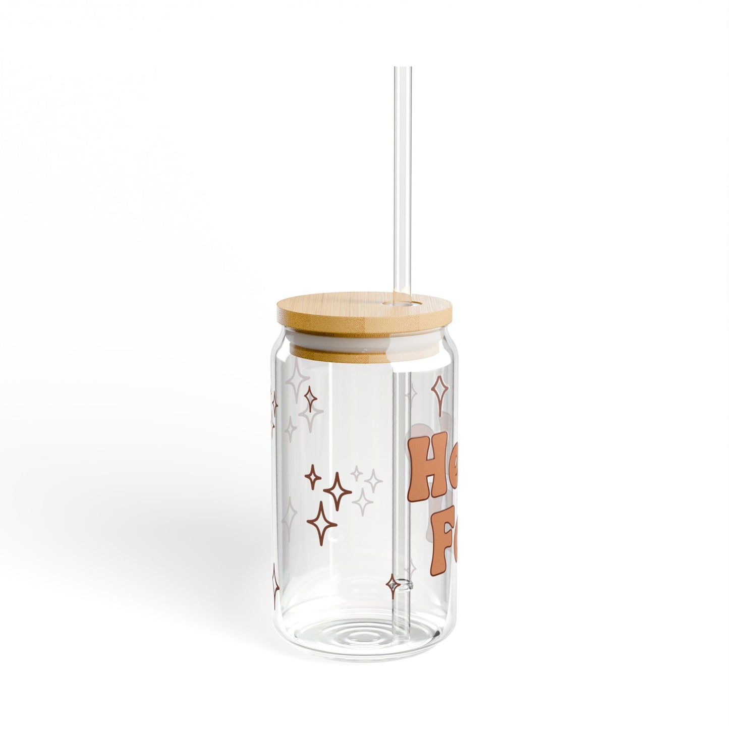 Hello Fall Glass Can Tumbler – Autumn Iced Coffee Cup with Bamboo Lid & Straw