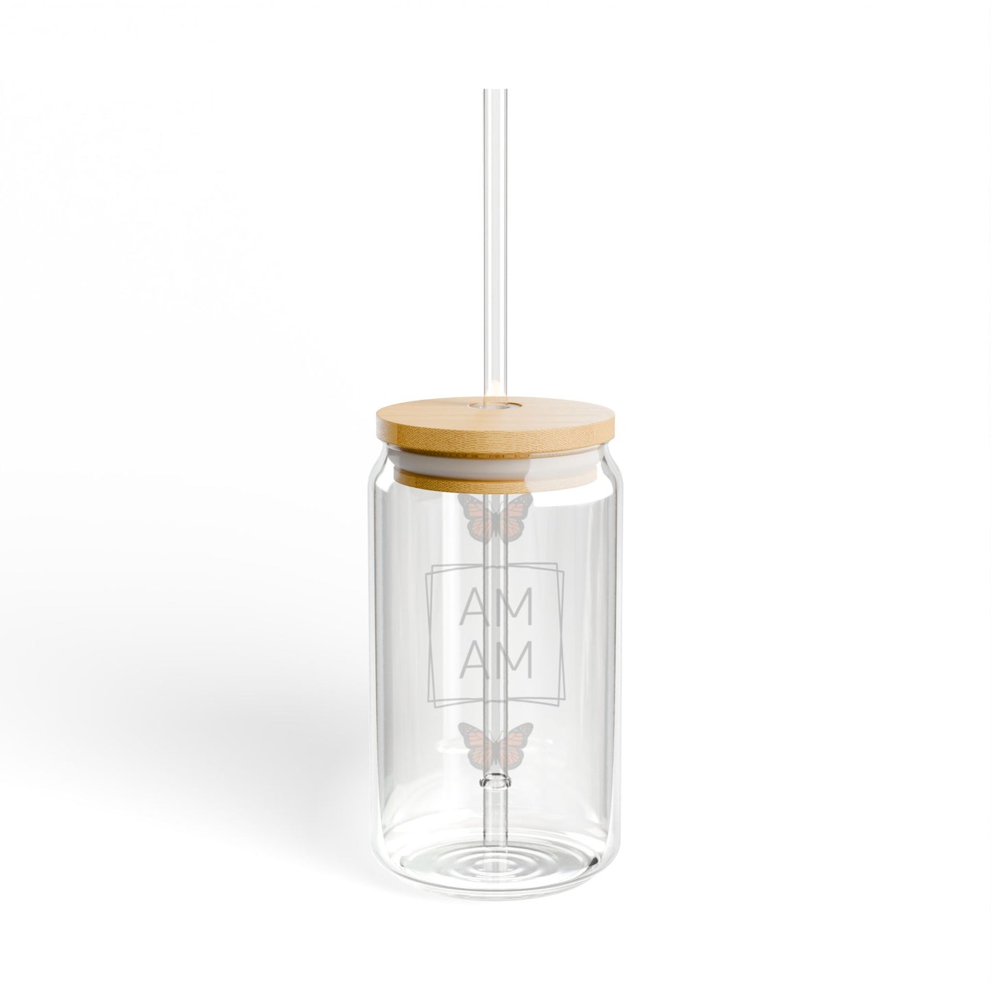 Butterfly Mama Glass Can Tumbler – Minimalist Coffee Cup with Bamboo Lid & Straw