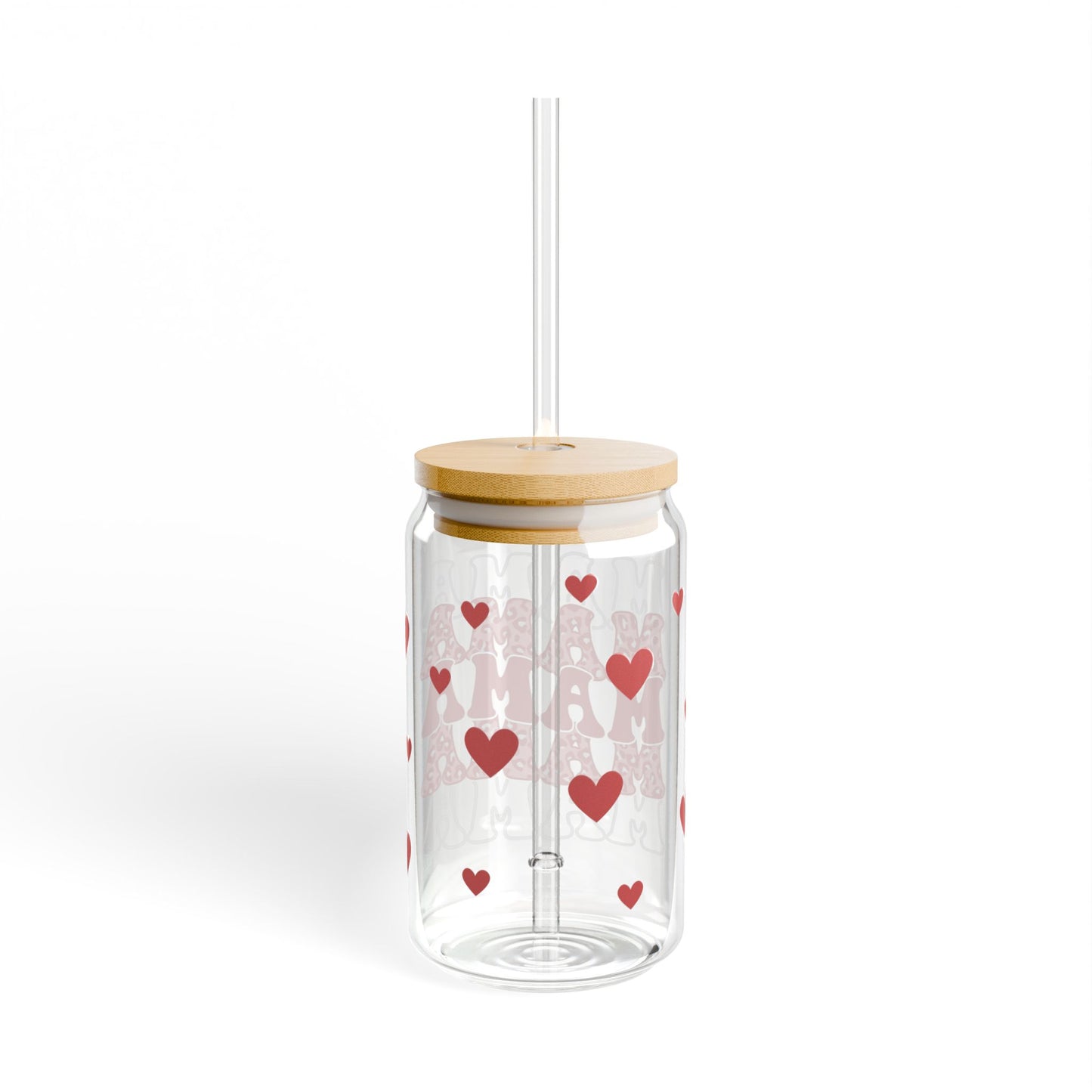 Mama Glass Can Tumbler – Red Heart Coffee Cup Gift with Bamboo Lid & Straw
