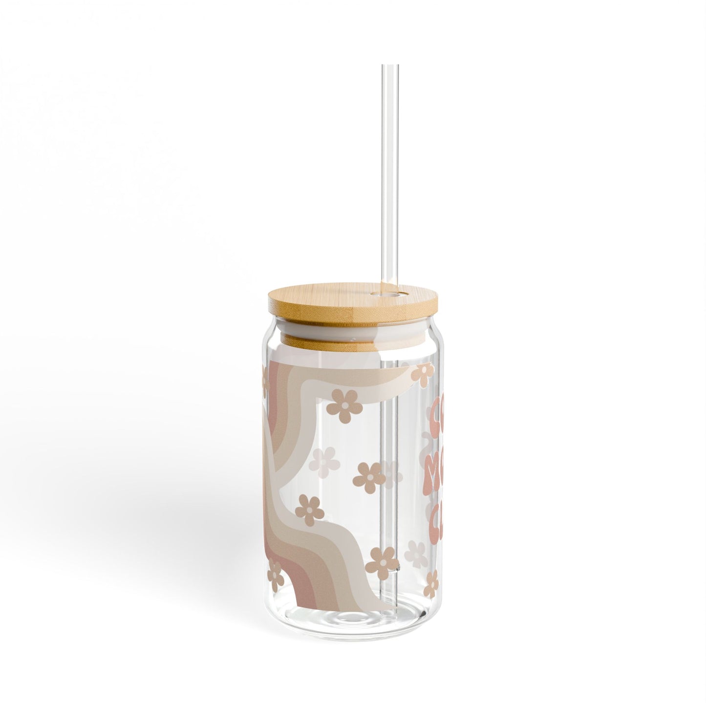Cool Moms Club Glass Tumbler – Retro Floral Iced Coffee Cup with Bamboo Lid & Straw