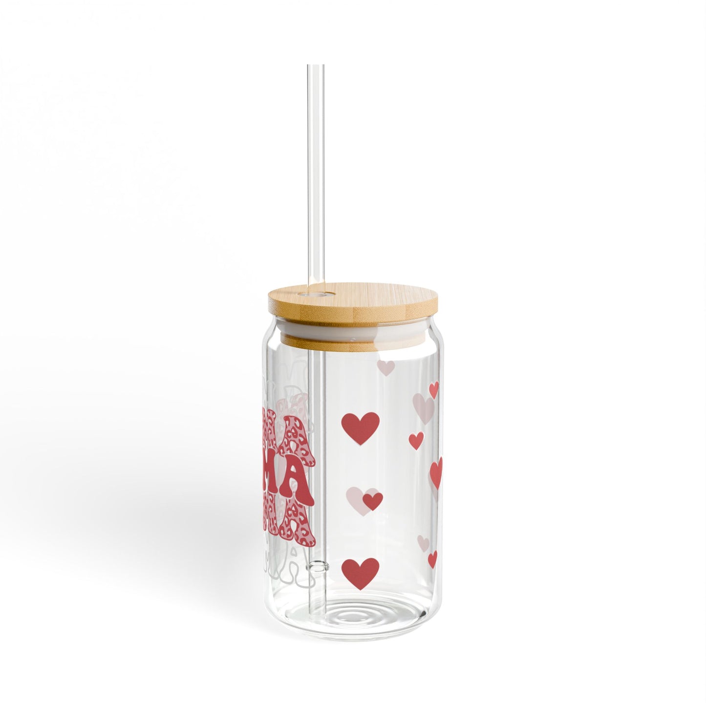 Mama Glass Can Tumbler – Red Heart Coffee Cup Gift with Bamboo Lid & Straw