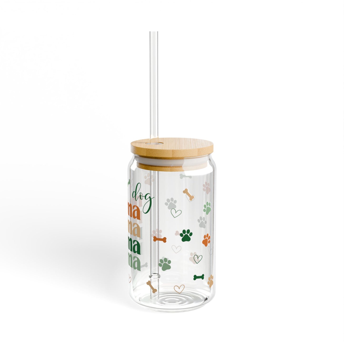 Dog Mama Glass Can Tumbler – Pet Lover Coffee Cup with Bamboo Lid & Straw