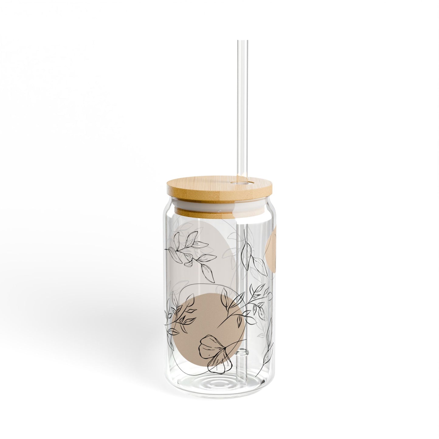 Minimalist Botanical Glass Can Tumbler – Neutral Coffee Cup with Bamboo Lid & Straw