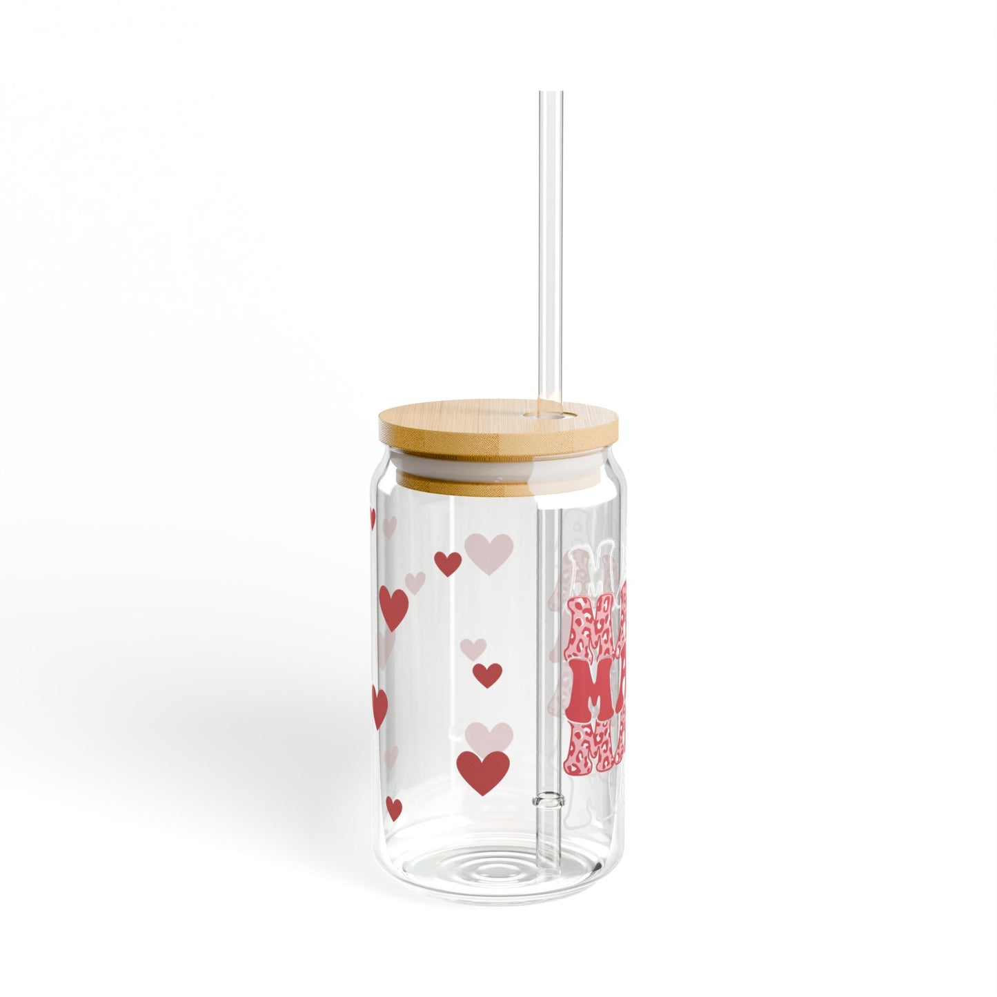 Mama Glass Can Tumbler – Red Heart Coffee Cup Gift with Bamboo Lid & Straw