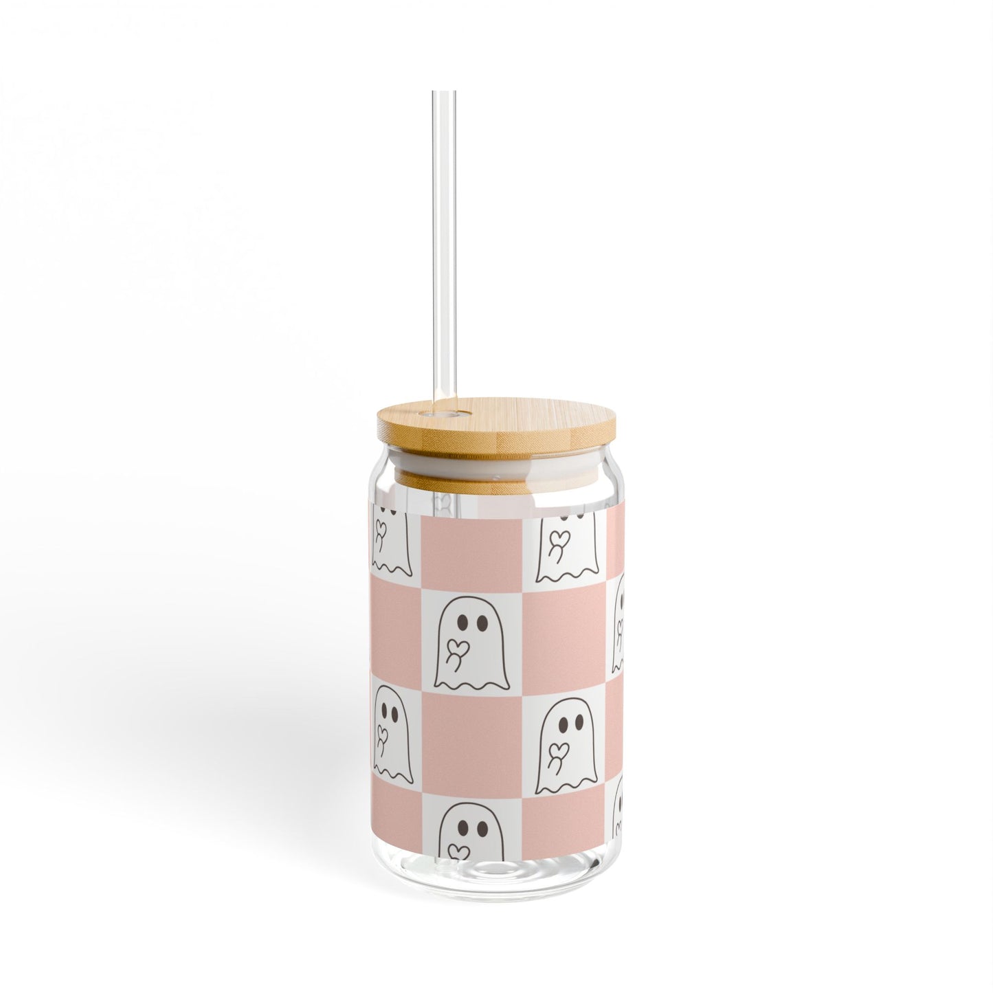 Cute Pink Checkerboard Ghost Cup Wrap | Halloween Coffee Tumbler Wrap