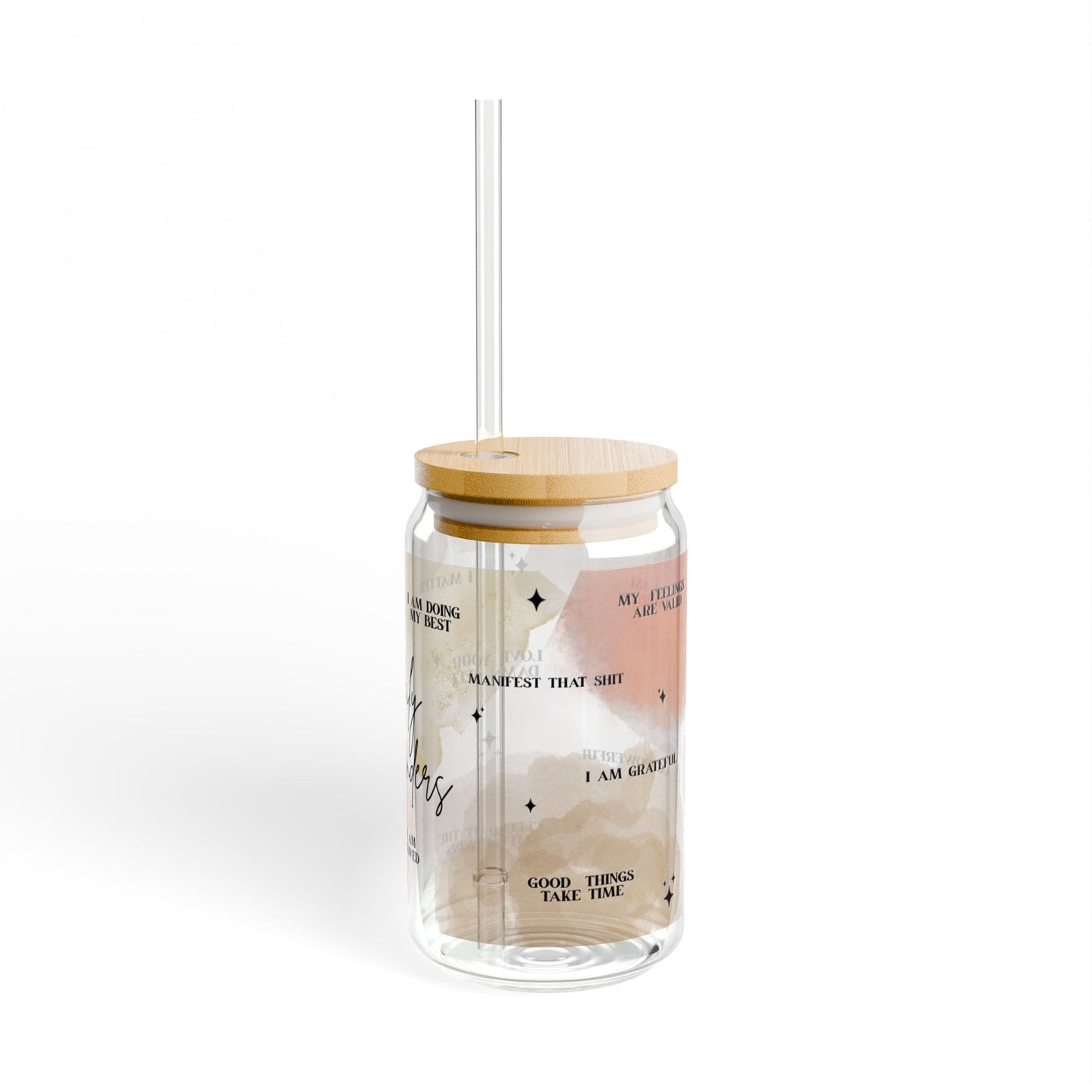 Daily Reminders Glass Can Tumbler – Positive Affirmations Coffee Cup with Lid & Straw