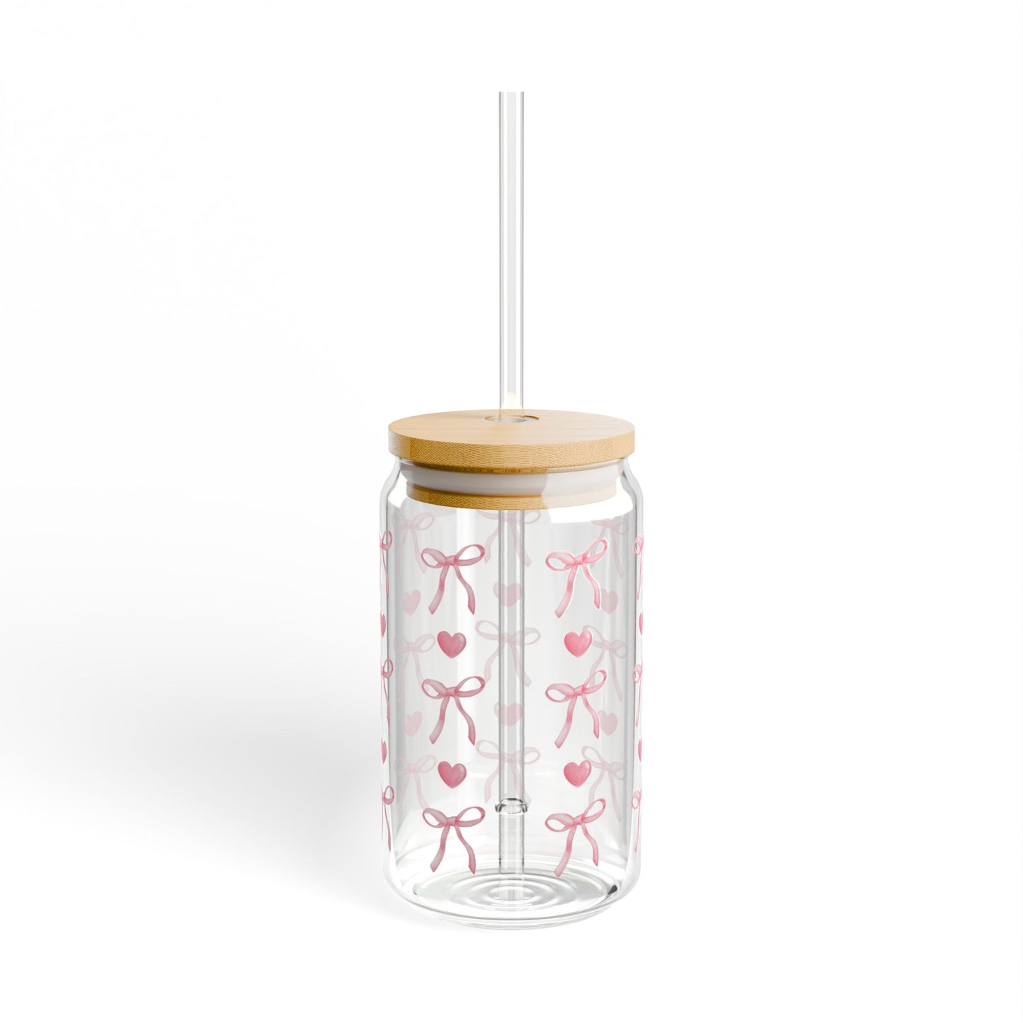 Pink Bow Glass Can Tumbler – Cute Coffee Cup with Hearts, Lid & Straw