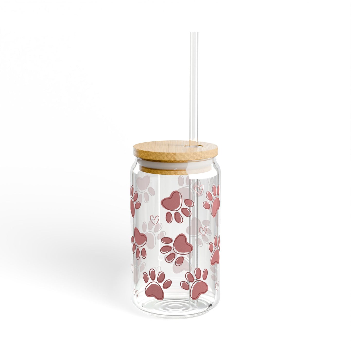 Paw Print Glass Can Tumbler – Cute Dog Lover Coffee Cup with Bamboo Lid & Straw