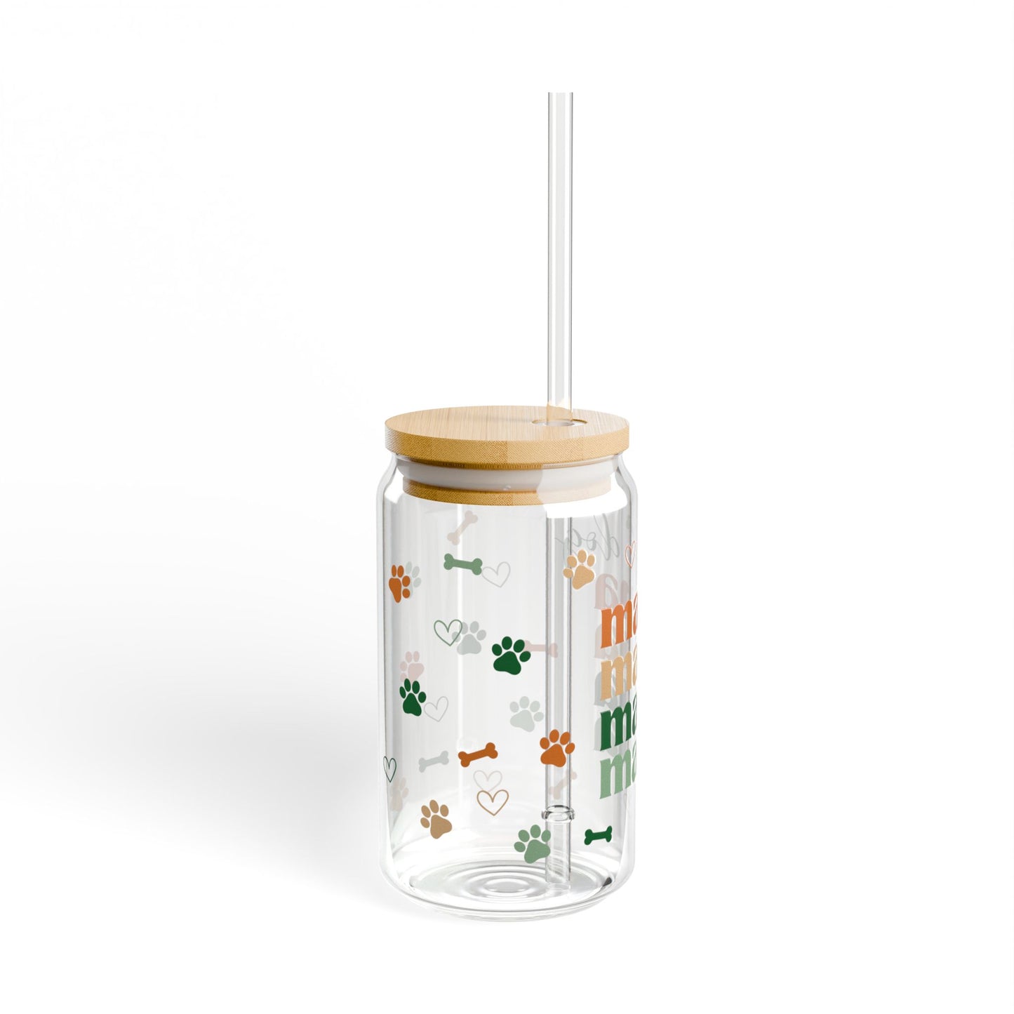 Dog Mama Glass Can Tumbler – Pet Lover Coffee Cup with Bamboo Lid & Straw