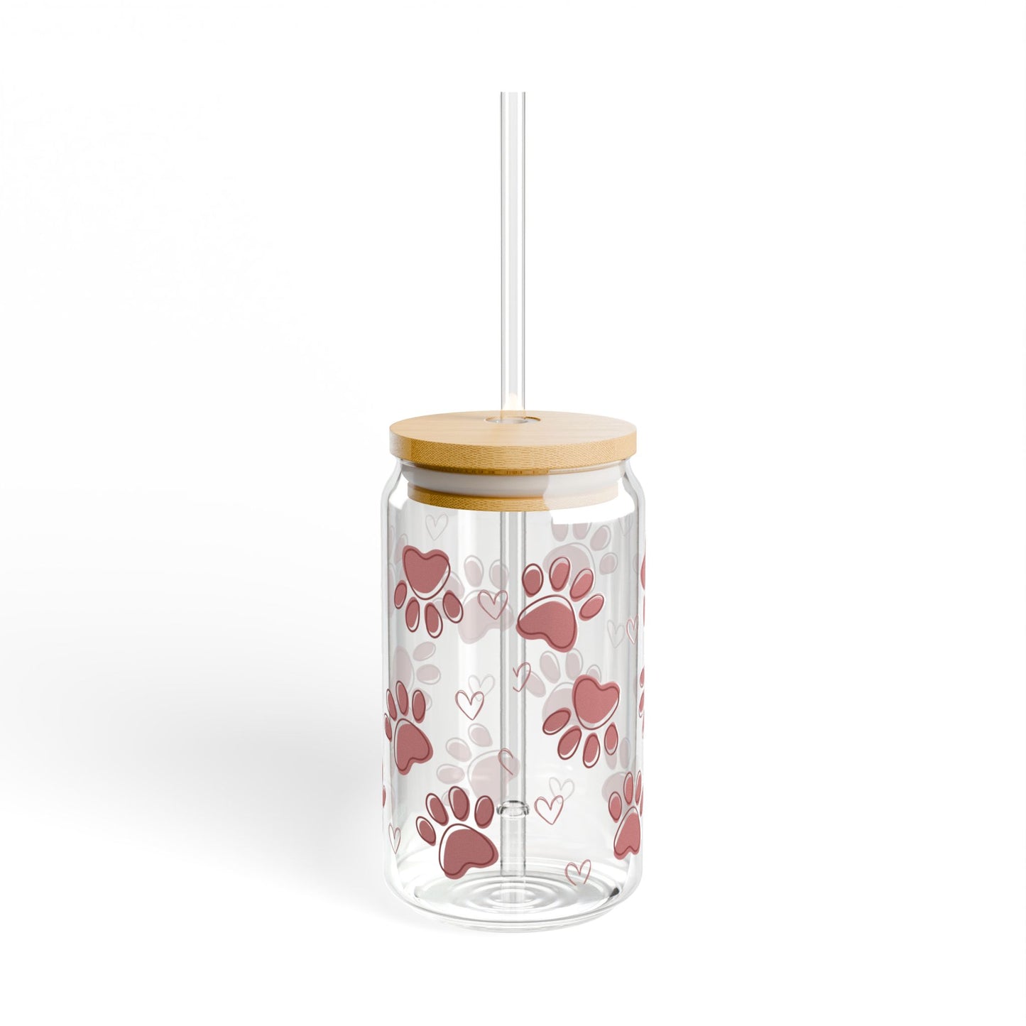 Paw Print Glass Can Tumbler – Cute Dog Lover Coffee Cup with Bamboo Lid & Straw