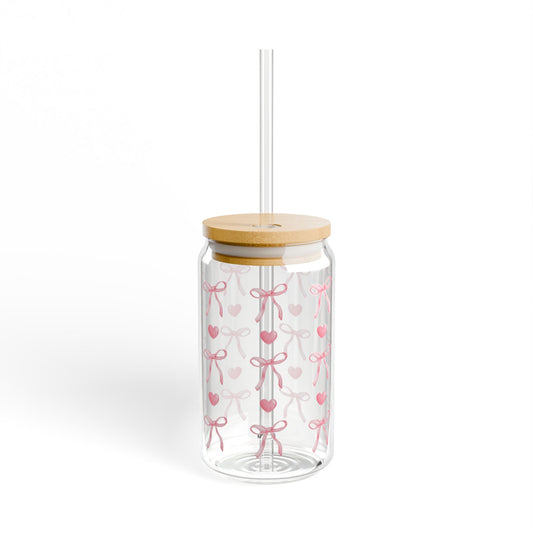 Pink Bow Glass Can Tumbler – Cute Coffee Cup with Hearts, Lid & Straw