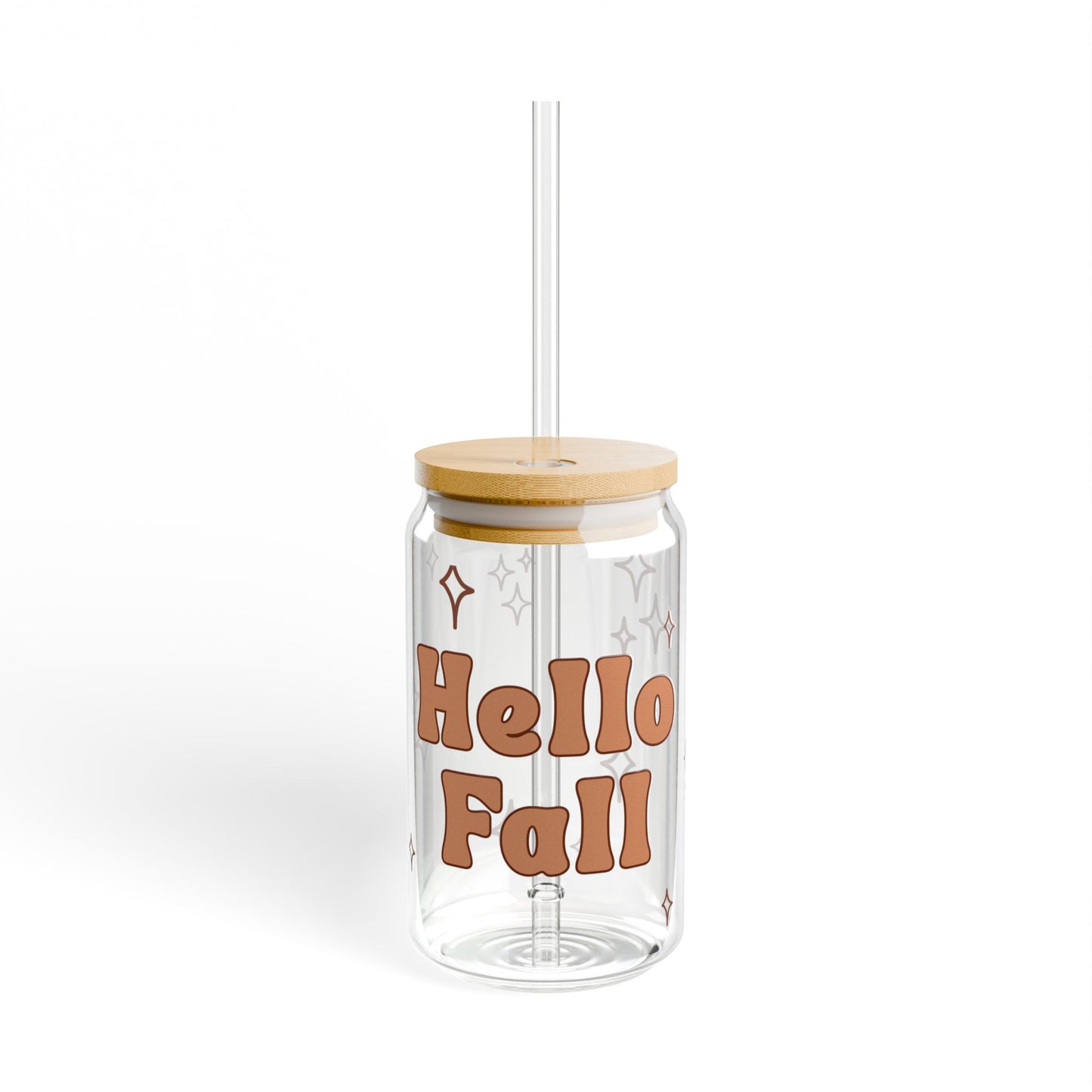Hello Fall Glass Can Tumbler – Autumn Iced Coffee Cup with Bamboo Lid & Straw