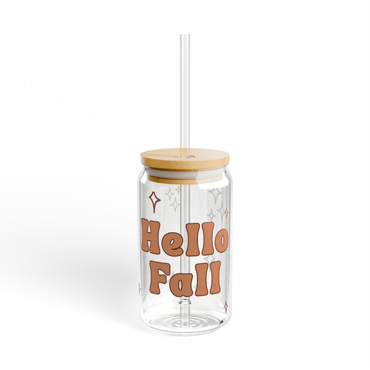 Hello Fall Glass Can Tumbler – Autumn Iced Coffee Cup with Bamboo Lid & Straw