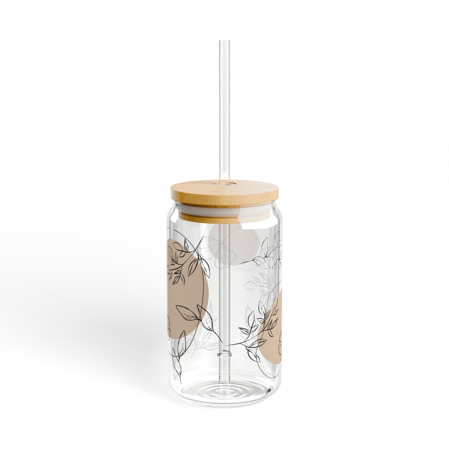 Minimalist Botanical Glass Can Tumbler – Neutral Coffee Cup with Bamboo Lid & Straw