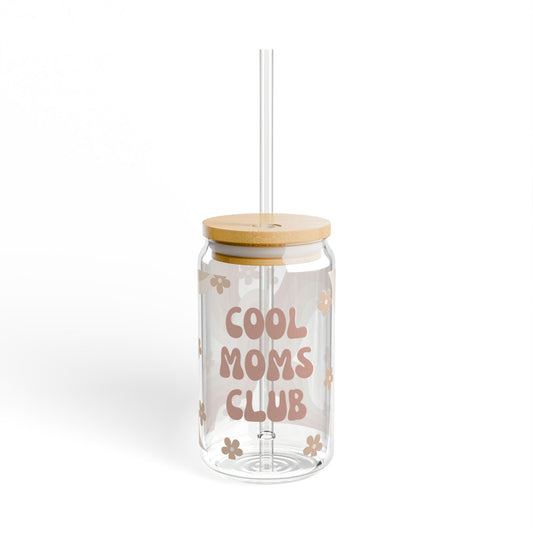 Cool Moms Club Glass Tumbler – Retro Floral Iced Coffee Cup with Bamboo Lid & Straw