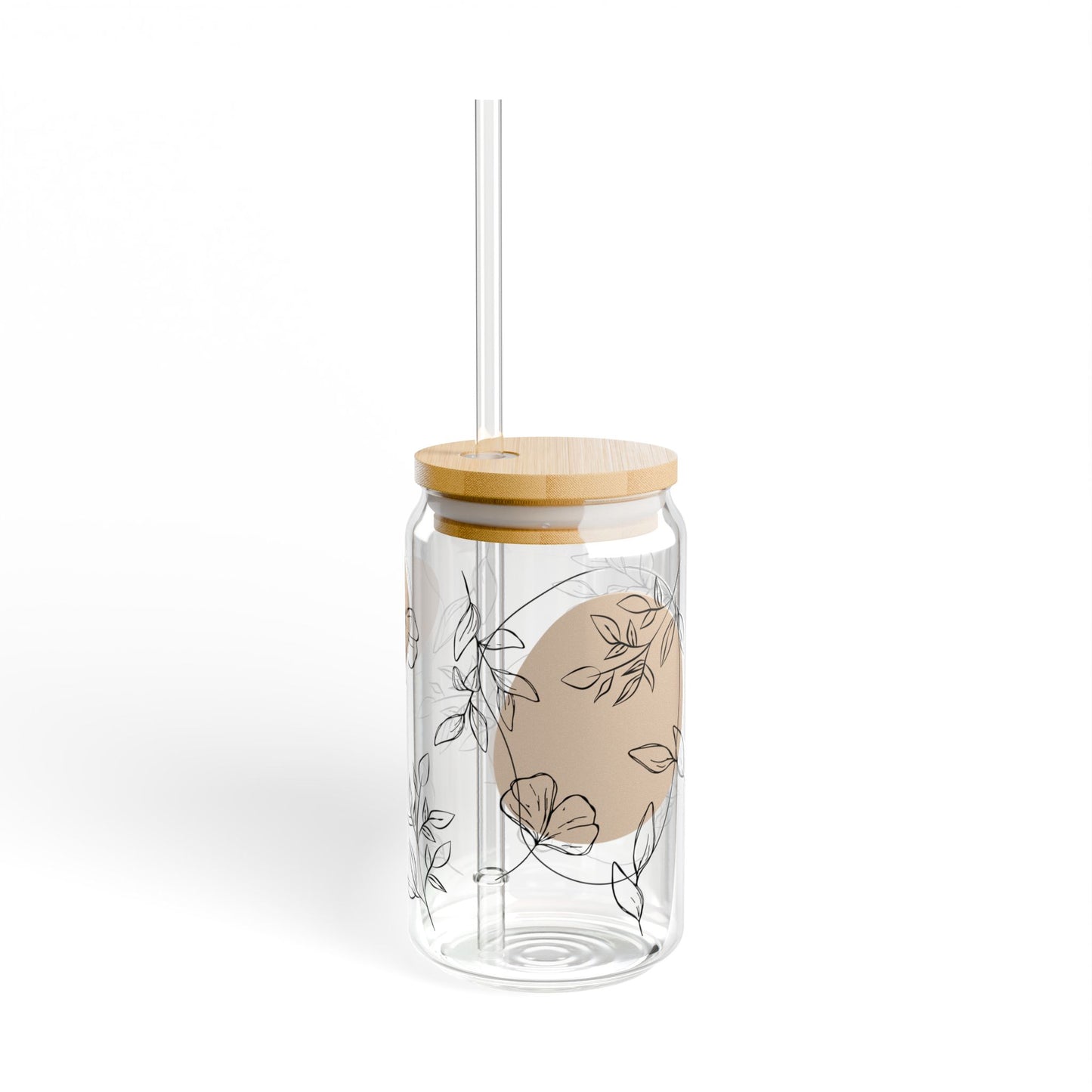 Minimalist Botanical Glass Can Tumbler – Neutral Coffee Cup with Bamboo Lid & Straw