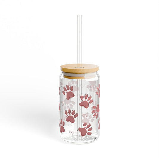 Paw Print Glass Can Tumbler – Cute Dog Lover Coffee Cup with Bamboo Lid & Straw