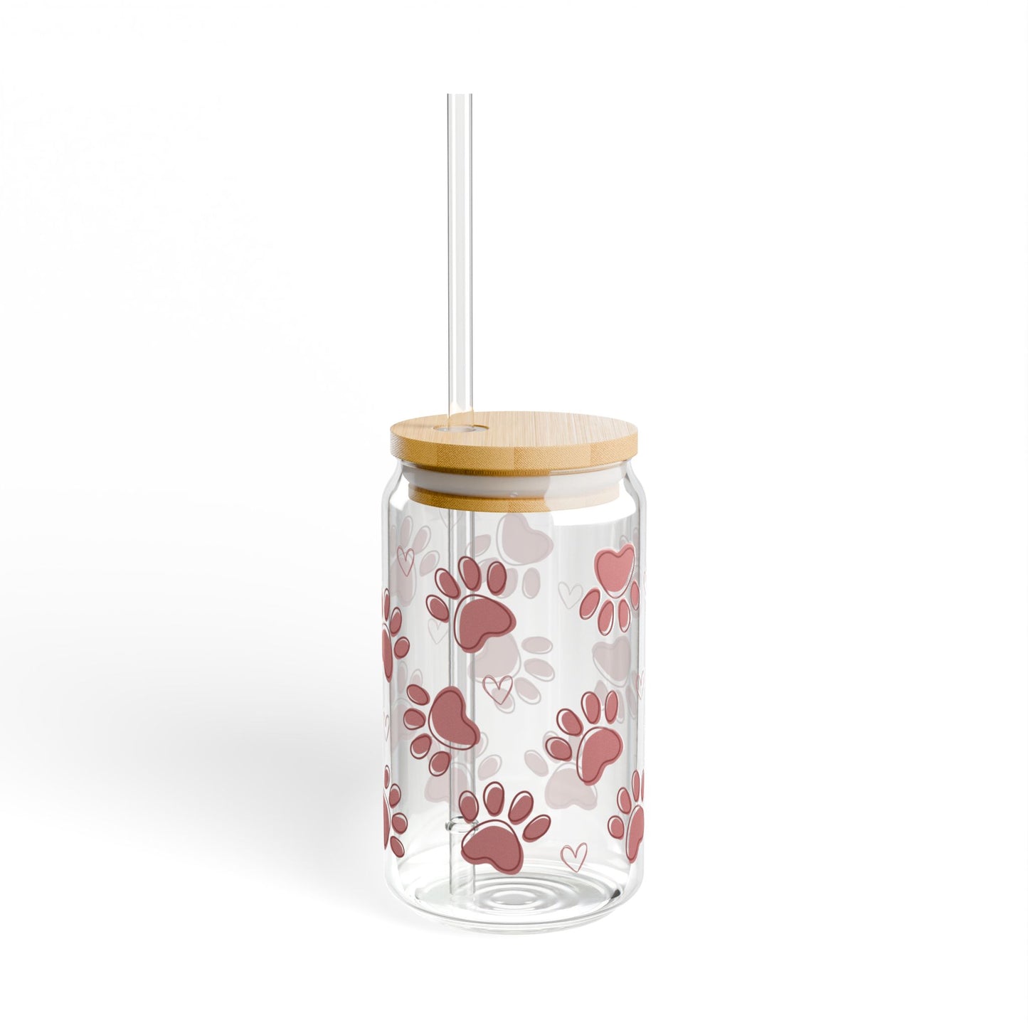 Paw Print Glass Can Tumbler – Cute Dog Lover Coffee Cup with Bamboo Lid & Straw