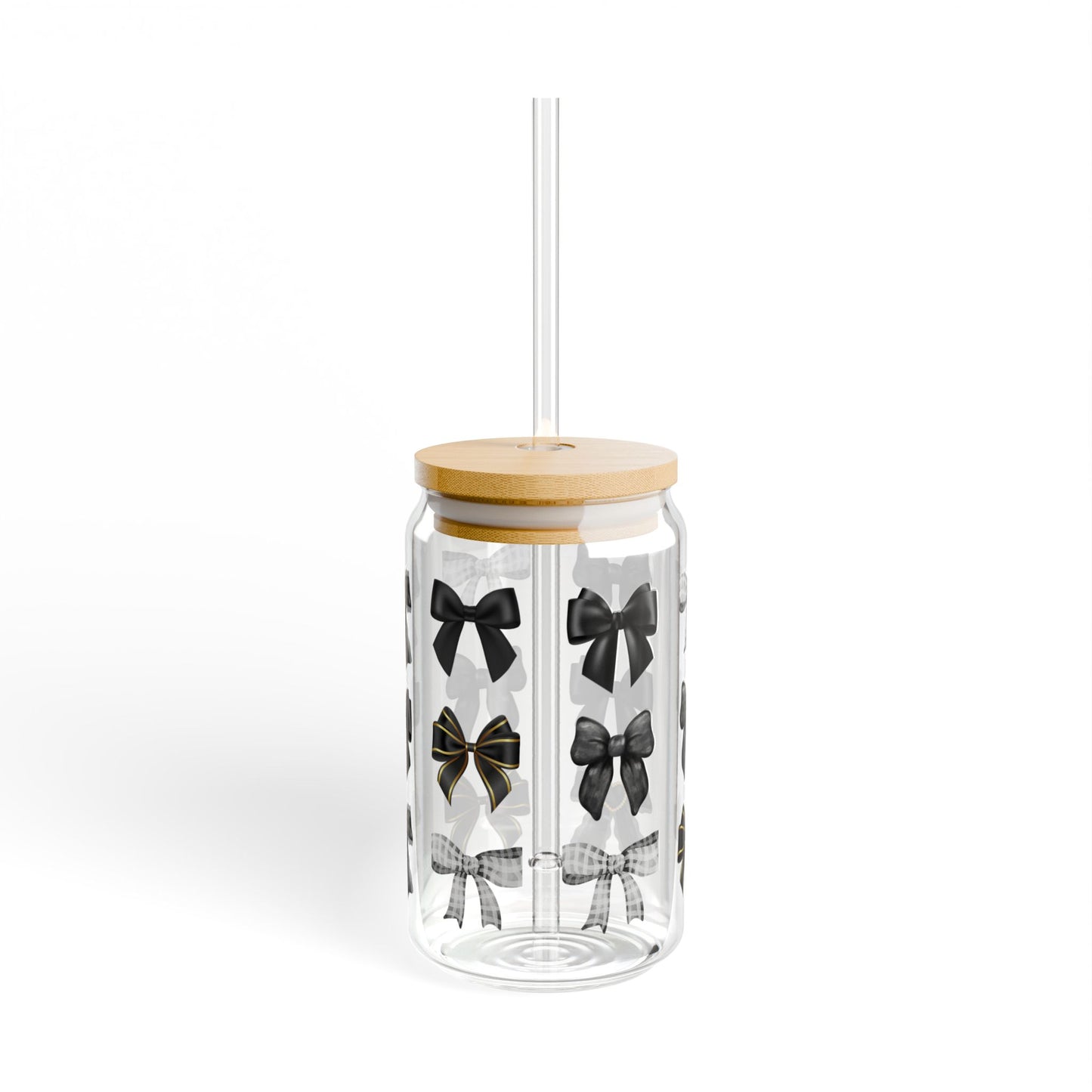 Black Bow Glass Can Tumbler – Elegant Coffee Cup with Bamboo Lid & Straw