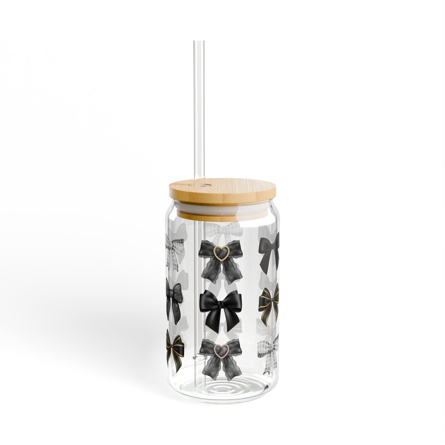 Black Bow Glass Can Tumbler – Elegant Coffee Cup with Bamboo Lid & Straw