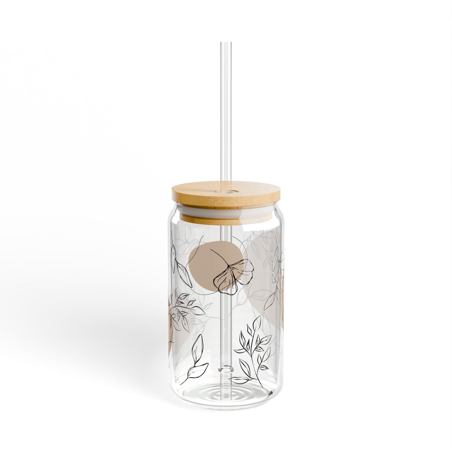Minimalist Botanical Glass Can Tumbler – Neutral Coffee Cup with Bamboo Lid & Straw