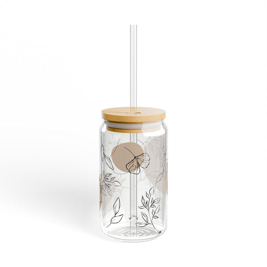 Minimalist Botanical Glass Can Tumbler – Neutral Coffee Cup with Bamboo Lid & Straw