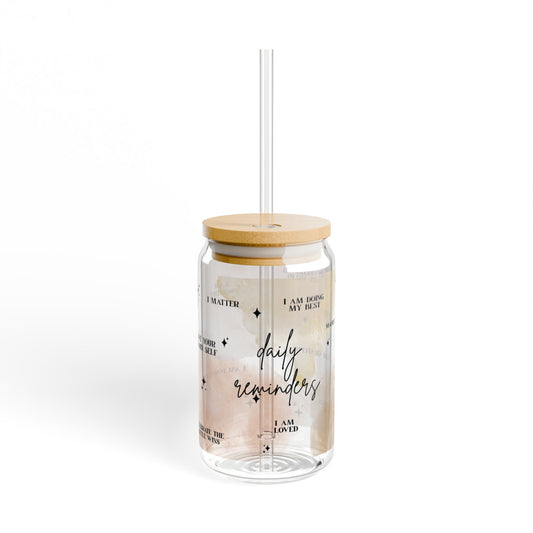 Daily Reminders Glass Can Tumbler – Positive Affirmations Coffee Cup with Lid & Straw