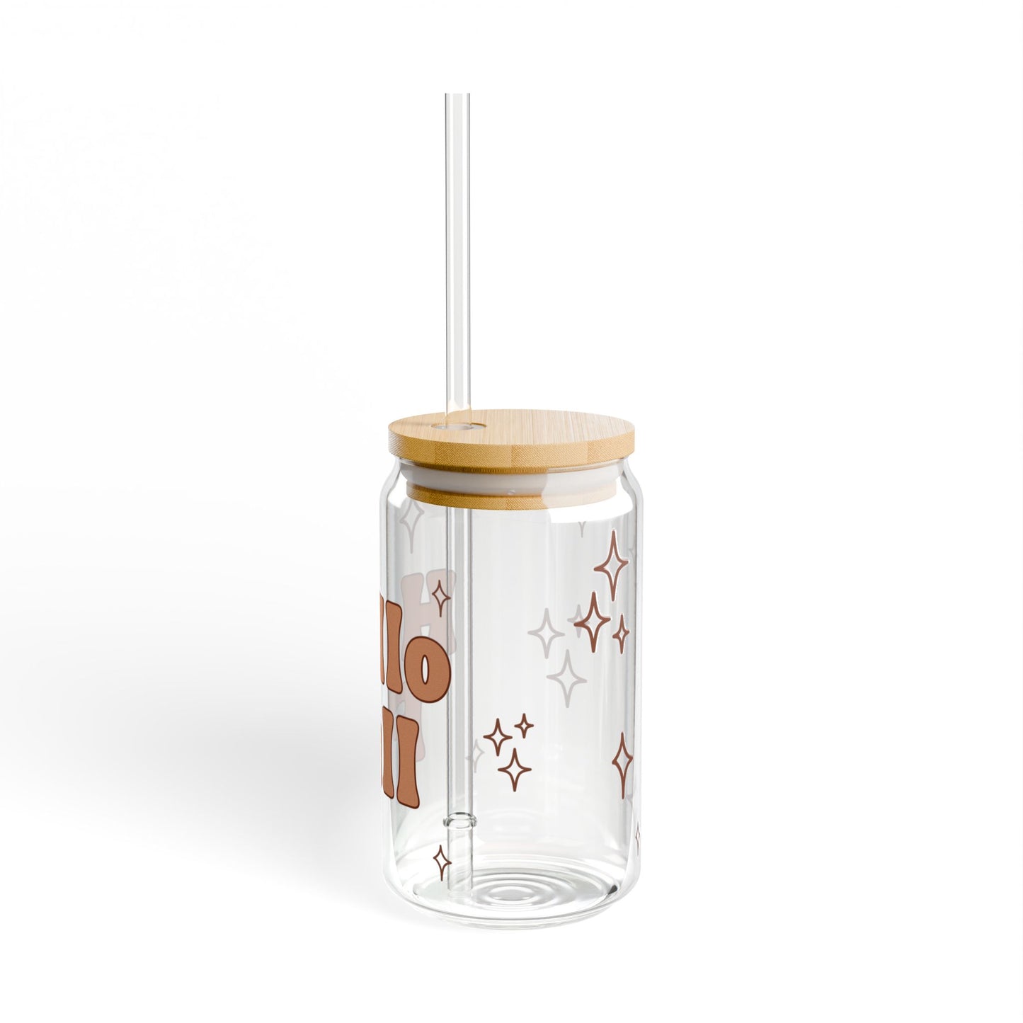 Hello Fall Glass Can Tumbler – Autumn Iced Coffee Cup with Bamboo Lid & Straw