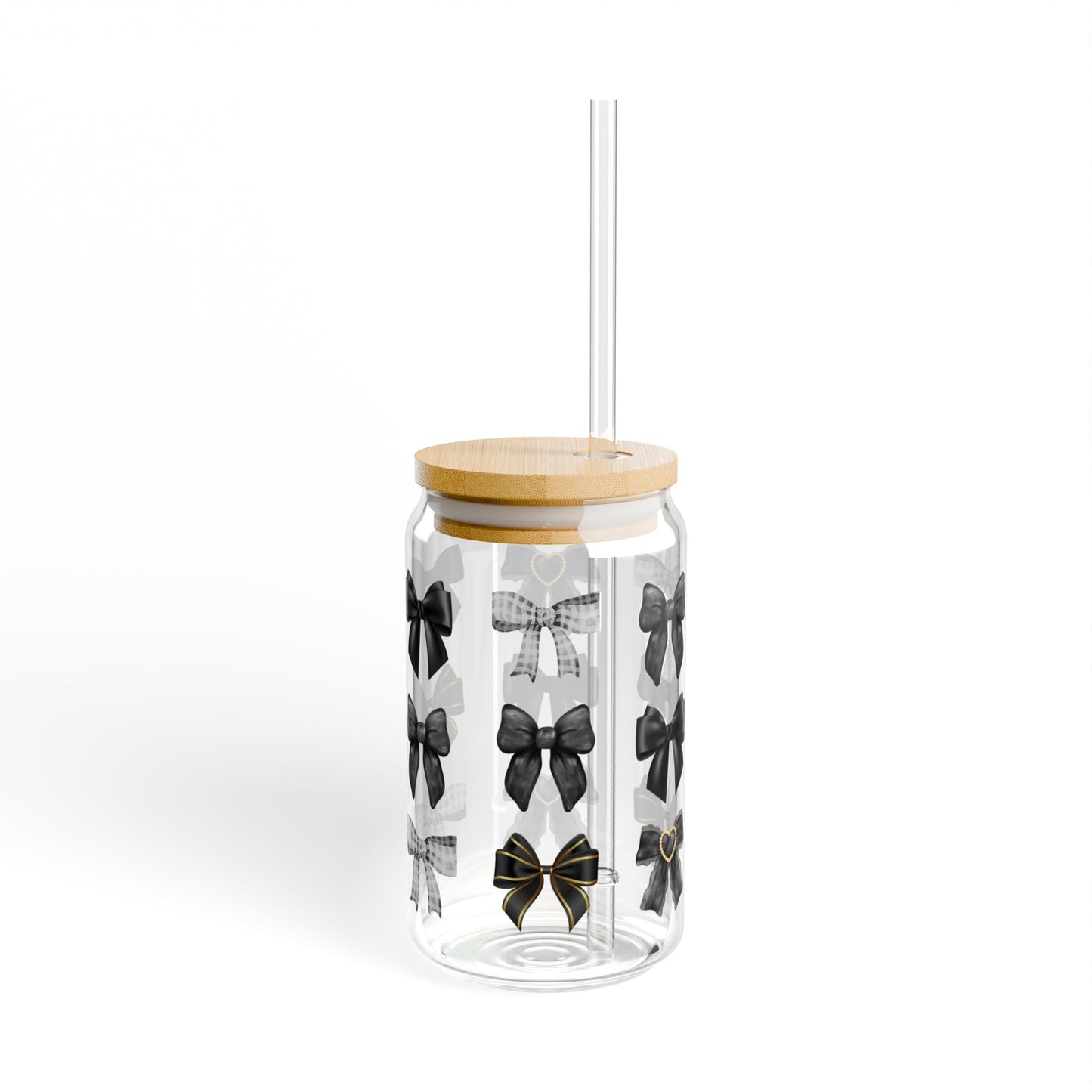 Black Bow Glass Can Tumbler – Elegant Coffee Cup with Bamboo Lid & Straw