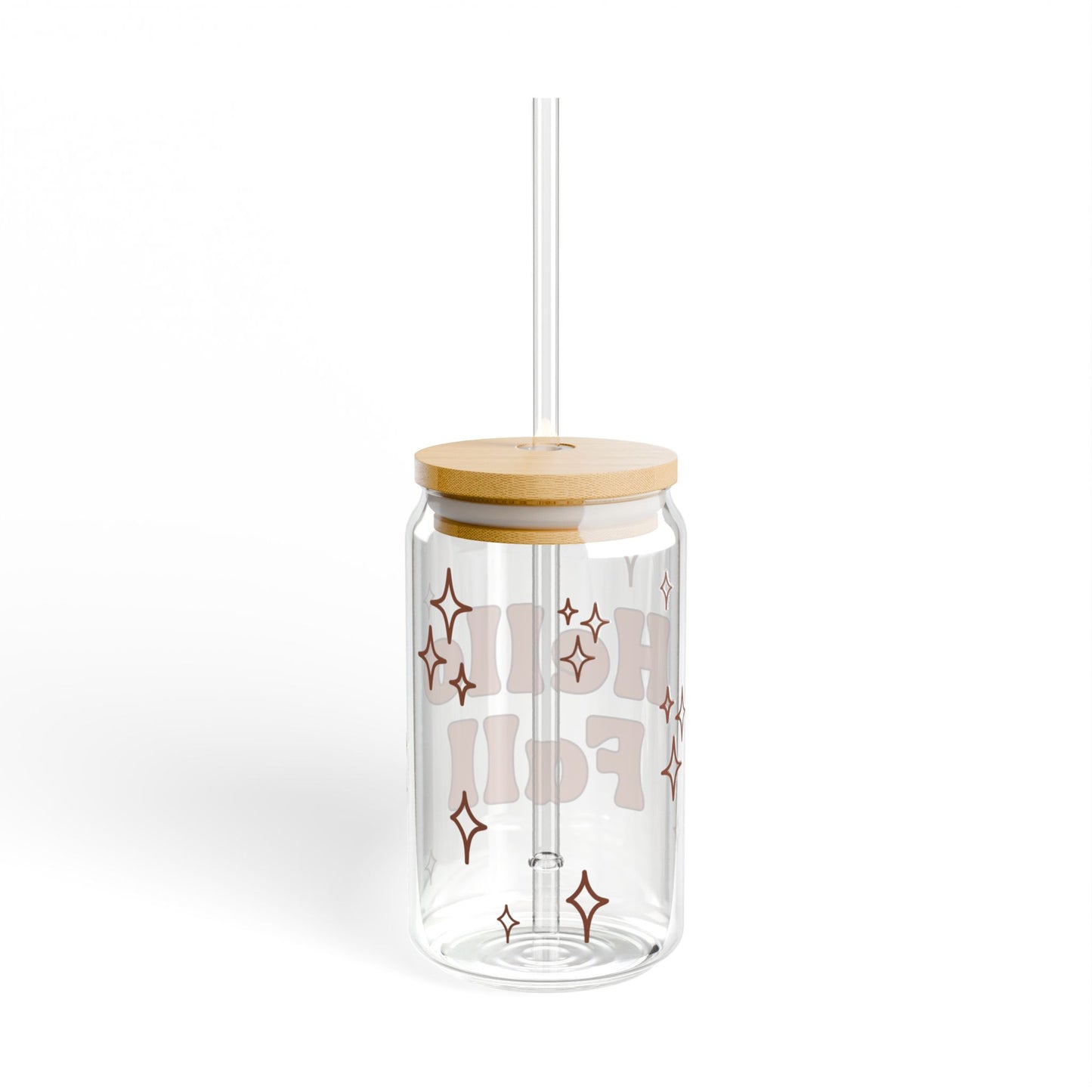 Hello Fall Glass Can Tumbler – Autumn Iced Coffee Cup with Bamboo Lid & Straw