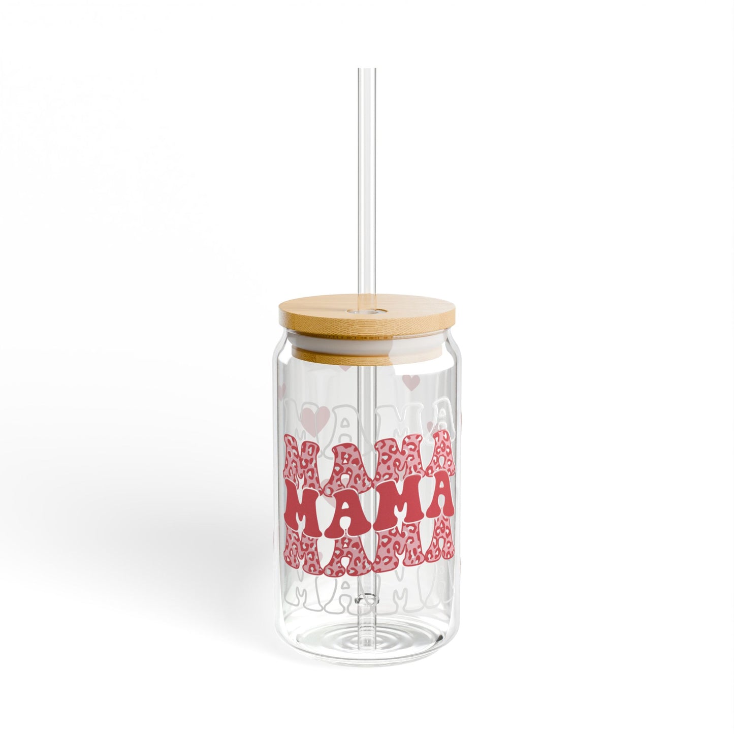 Mama Glass Can Tumbler – Red Heart Coffee Cup Gift with Bamboo Lid & Straw