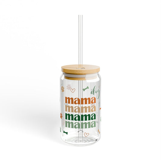 Dog Mama Glass Can Tumbler – Pet Lover Coffee Cup with Bamboo Lid & Straw