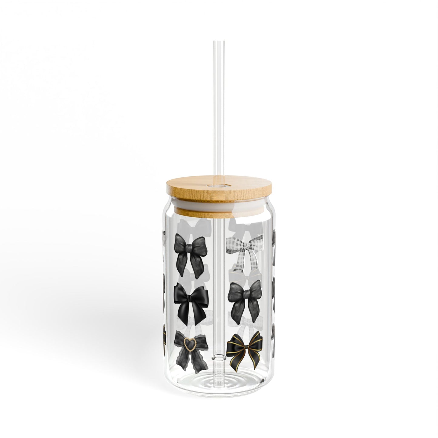 Black Bow Glass Can Tumbler – Elegant Coffee Cup with Bamboo Lid & Straw