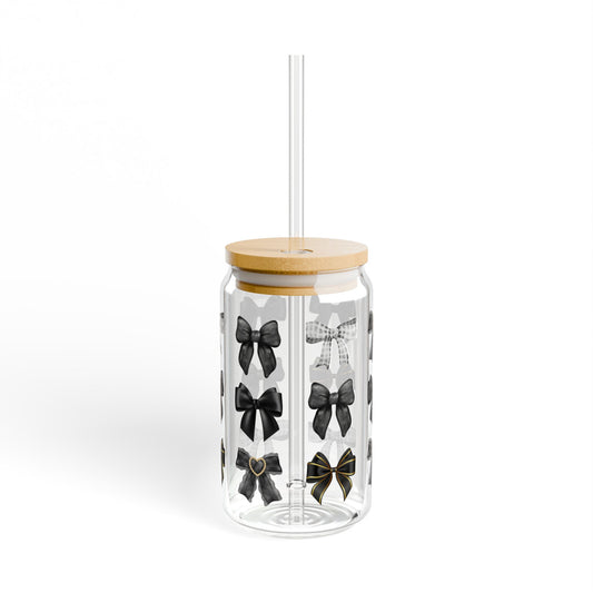 Black Bow Glass Can Tumbler – Elegant Coffee Cup with Bamboo Lid & Straw