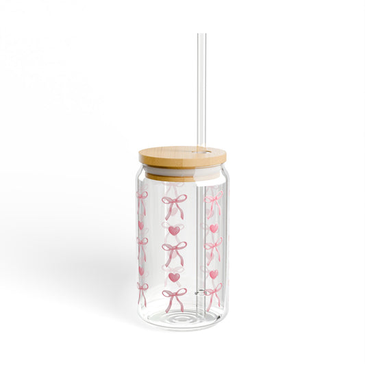 Pink Bow Glass Can Tumbler – Cute Coffee Cup with Hearts, Lid & Straw