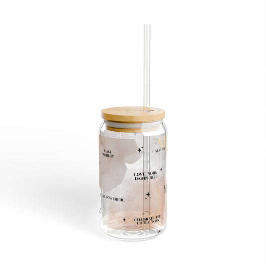 Daily Reminders Glass Can Tumbler – Positive Affirmations Coffee Cup with Lid & Straw