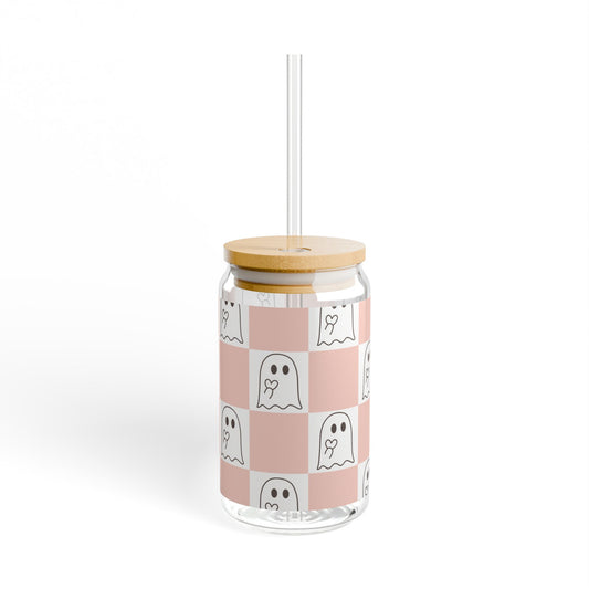 Cute Pink Checkerboard Ghost Cup Wrap | Halloween Coffee Tumbler Wrap