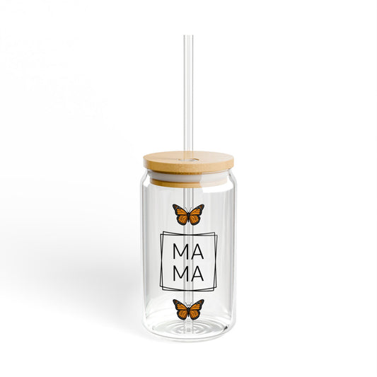 Butterfly Mama Glass Can Tumbler – Minimalist Coffee Cup with Bamboo Lid & Straw